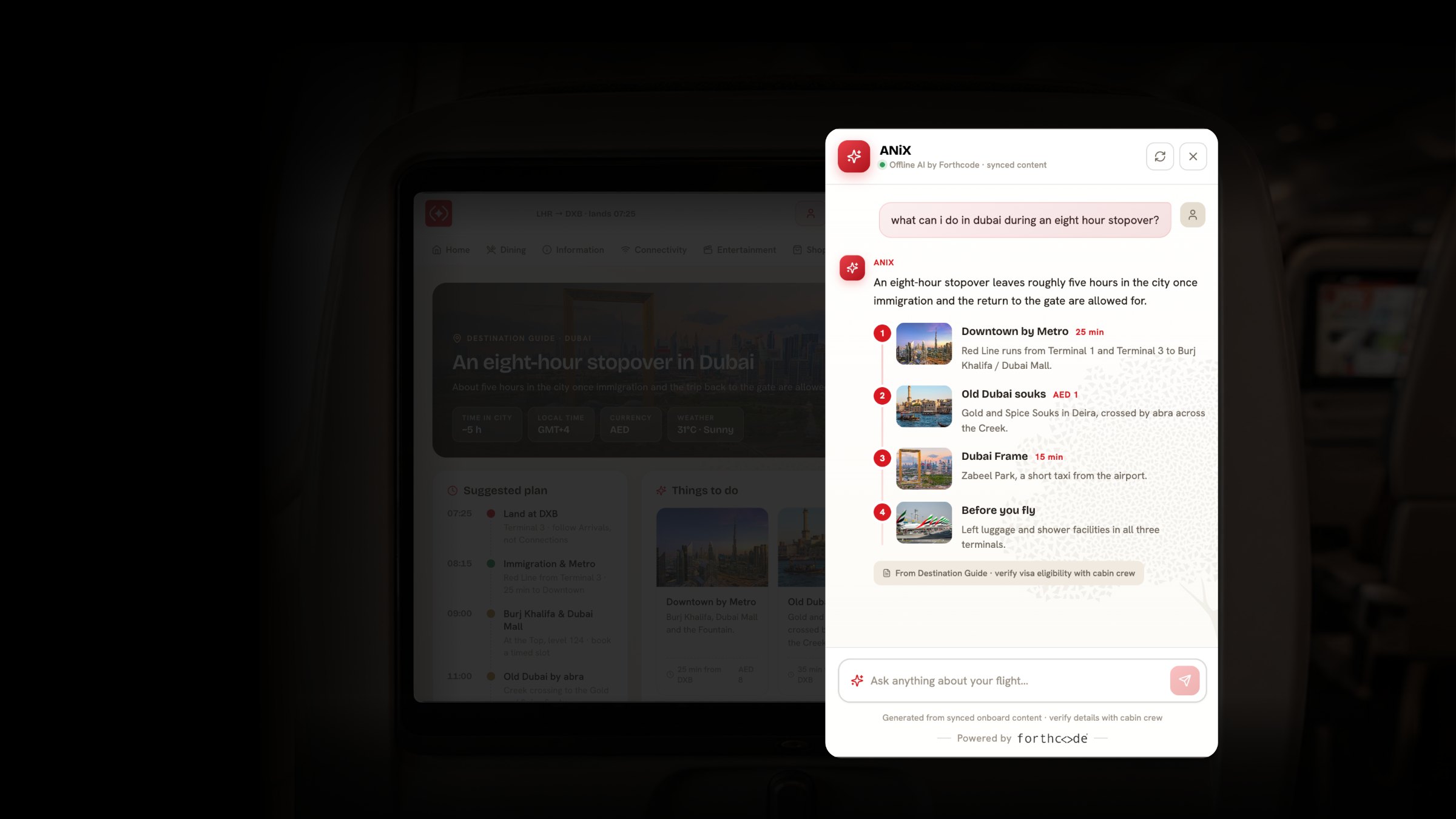 ANiX answering a stopover question on a seatback screen