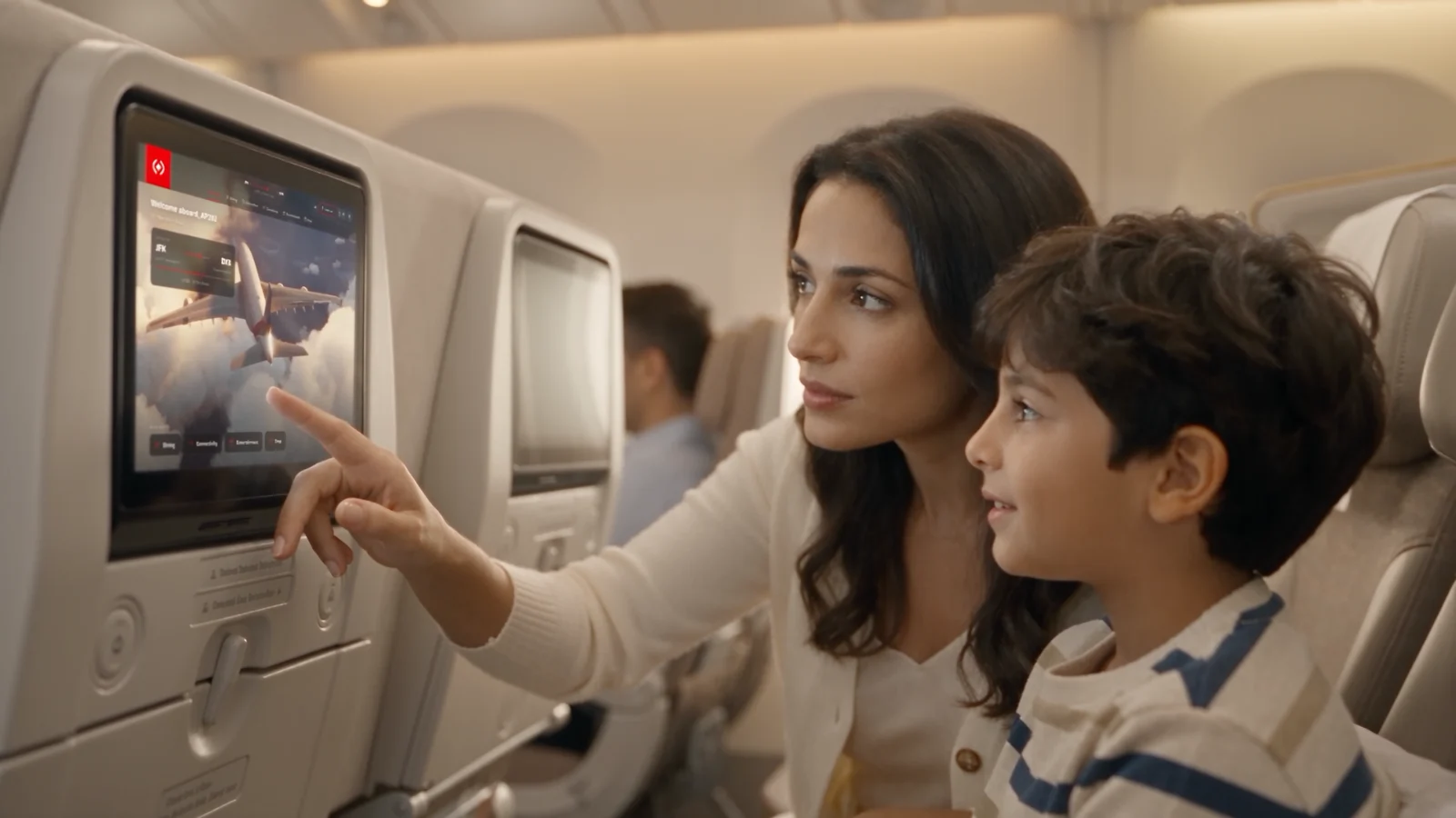 A passenger and her son using ANiX on the seatback screen